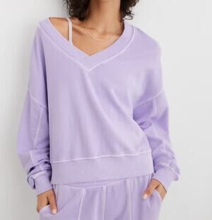 Aerie House Party Long Sleeve V Neck Sweatshirt Purple Medium